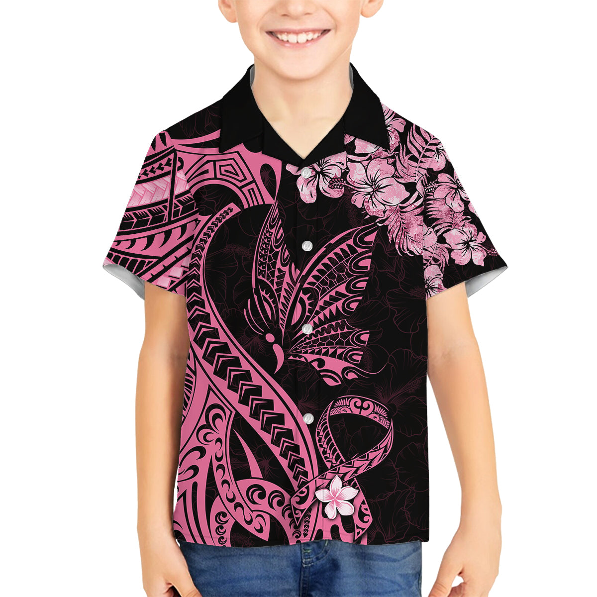Polynesian Floral Butterfly Family Matching Summer Maxi Dress and Hawaiian Shirt Breast Cancer Pink Ribbon LT9 Dad's Shirt - Long Sleeve Pink - Polynesian Pride