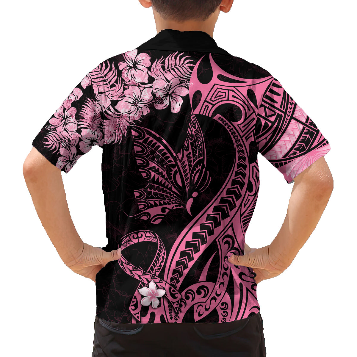 Polynesian Floral Butterfly Kid Hawaiian Shirt Breast Cancer Pink Ribbon LT9 - Polynesian Pride