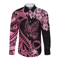 Polynesian Floral Butterfly Long Sleeve Button Shirt Breast Cancer Pink Ribbon LT9 Unisex Pink - Polynesian Pride