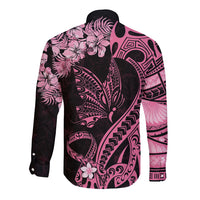 Polynesian Floral Butterfly Long Sleeve Button Shirt Breast Cancer Pink Ribbon LT9 - Polynesian Pride