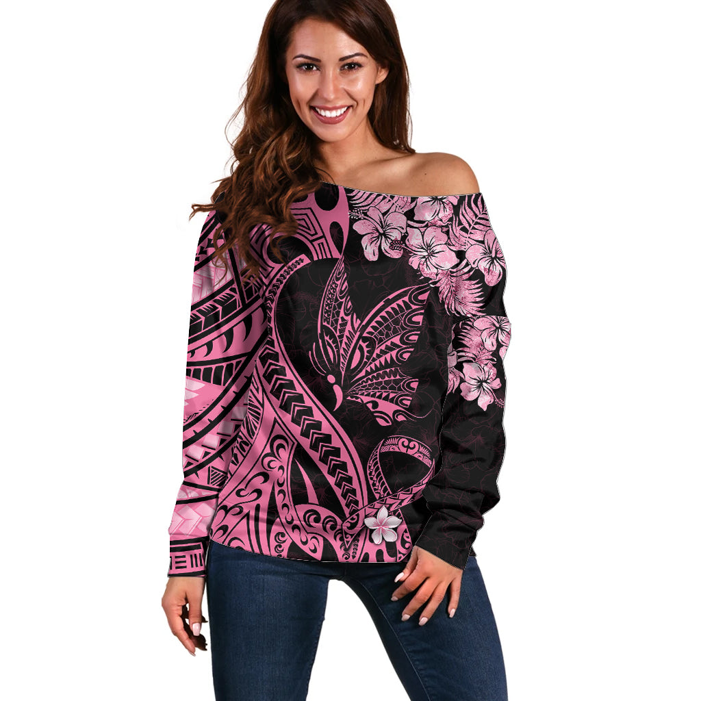 Polynesian Floral Butterfly Off Shoulder Sweater Breast Cancer Pink Ribbon LT9 Women Pink - Polynesian Pride