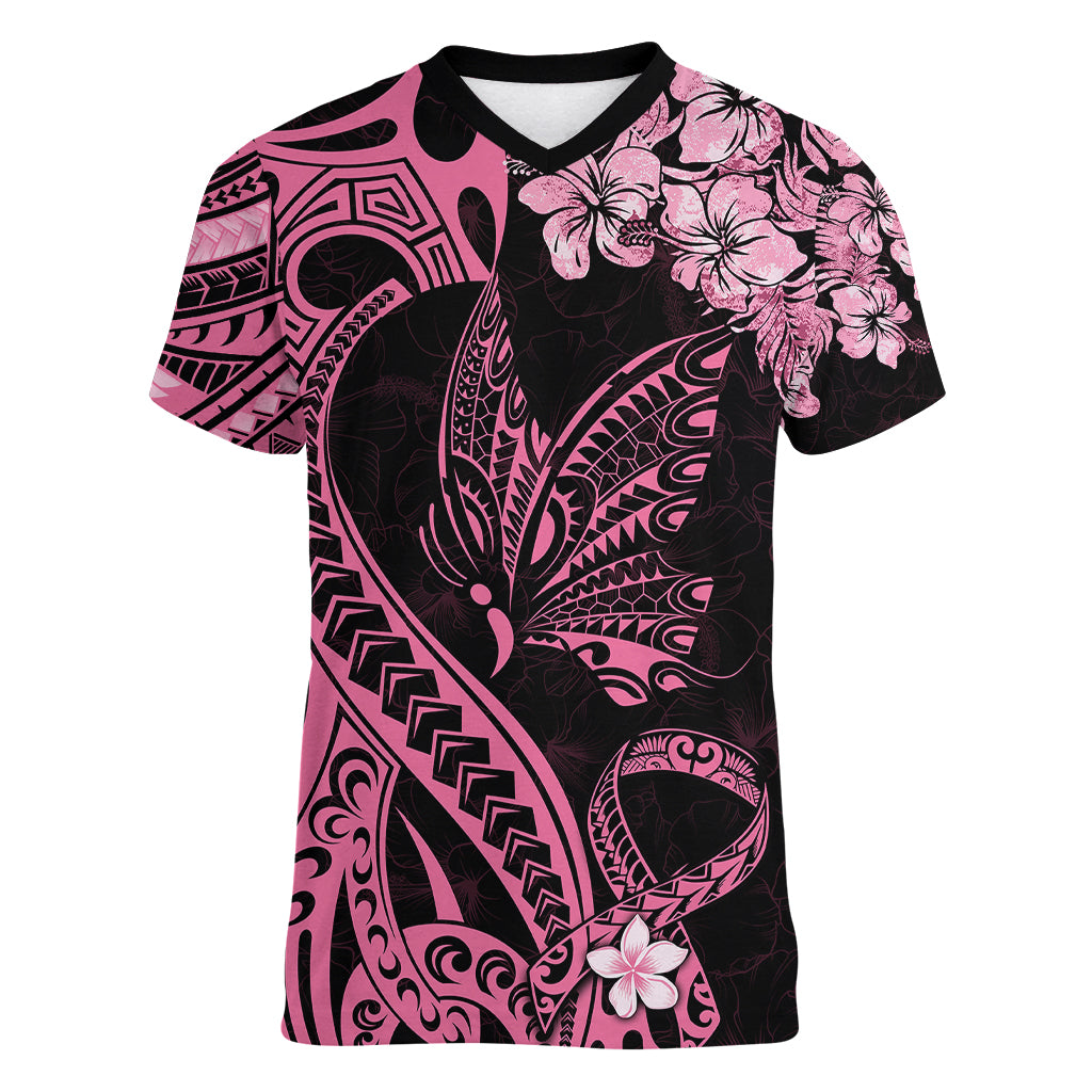 Polynesian Floral Butterfly Women V Neck T Shirt Breast Cancer Pink Ribbon LT9 Female Pink - Polynesian Pride