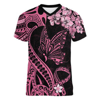 Polynesian Floral Butterfly Women V Neck T Shirt Breast Cancer Pink Ribbon LT9 Female Pink - Polynesian Pride
