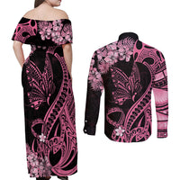 Personalised Polynesian Floral Butterfly Couples Matching Off Shoulder Maxi Dress and Long Sleeve Button Shirts Breast Cancer Pink Ribbon LT9 - Polynesian Pride