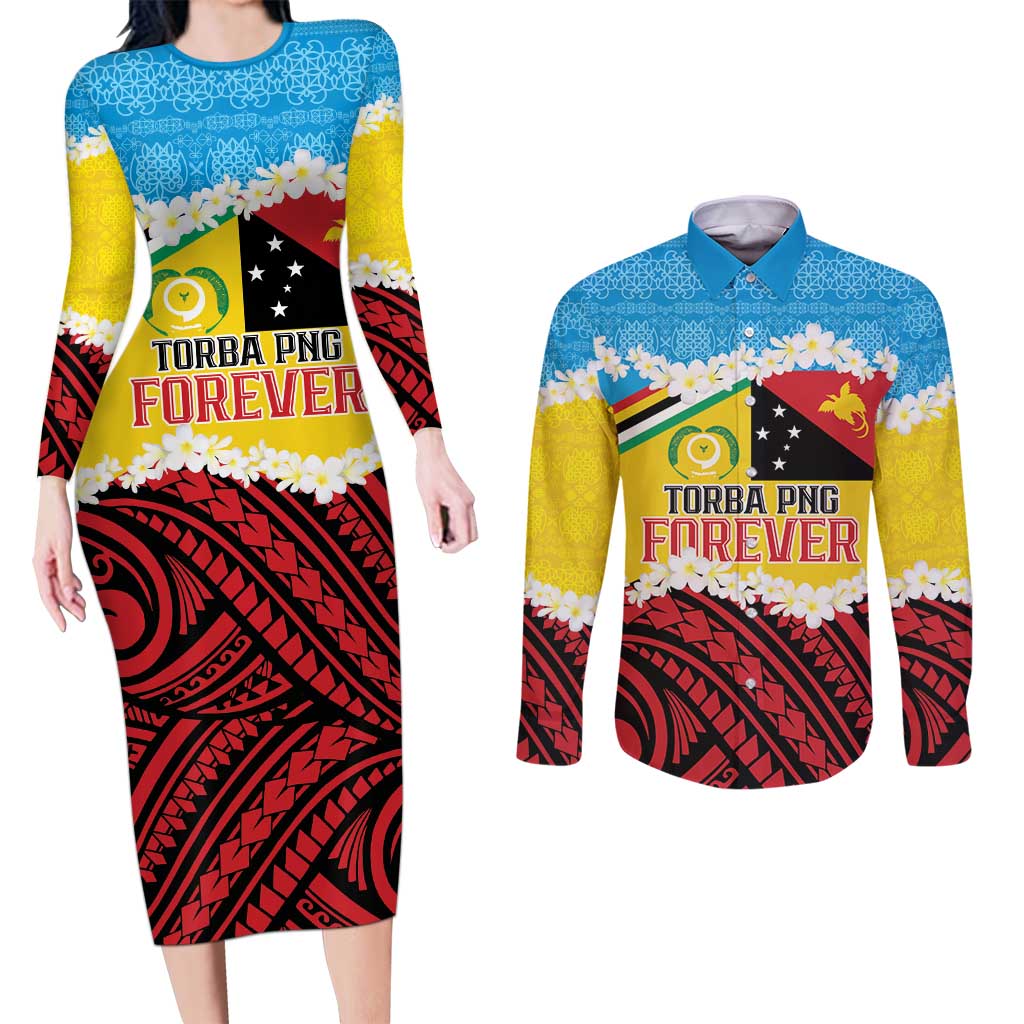 Personalised Torba PNG Forever Couples Matching Long Sleeve Bodycon Dress and Long Sleeve Button Shirt Polynesian Sand Art - Polynesian Pride