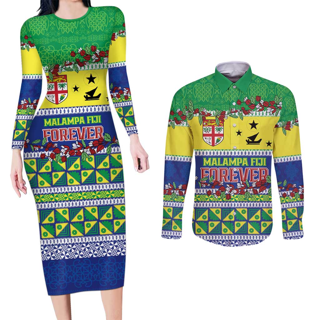 Personalised Malampa Fiji Forever Couples Matching Long Sleeve Bodycon Dress and Long Sleeve Button Shirt Tagimoucia Polynesian Sand Drawing - Polynesian Pride