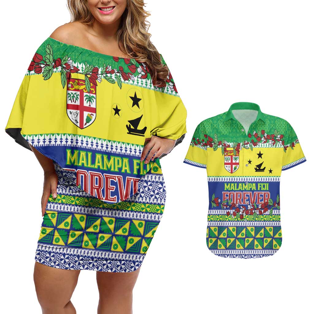 Personalised Malampa Fiji Forever Couples Matching Off Shoulder Short Dress and Hawaiian Shirt Tagimoucia Polynesian Sand Drawing - Polynesian Pride