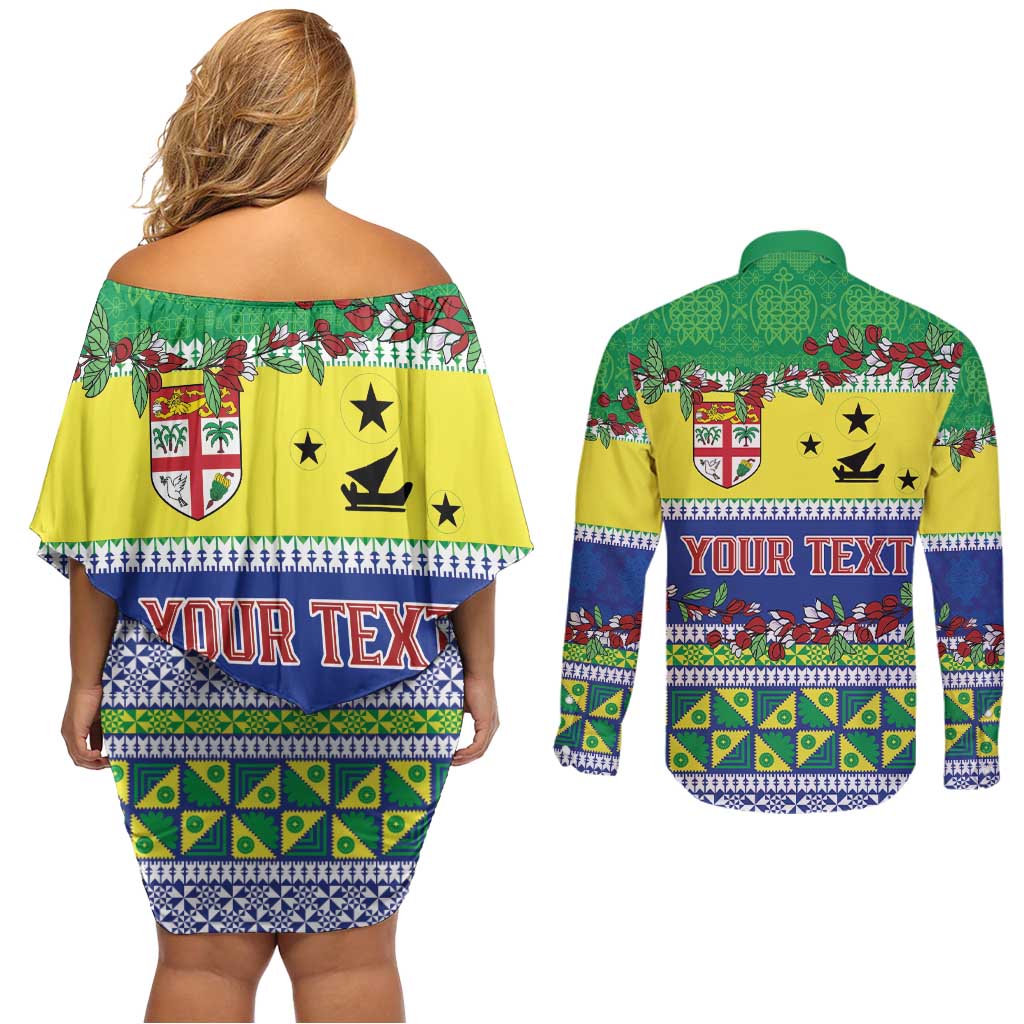 Personalised Malampa Fiji Forever Couples Matching Off Shoulder Short Dress and Long Sleeve Button Shirt Tagimoucia Polynesian Sand Drawing - Polynesian Pride