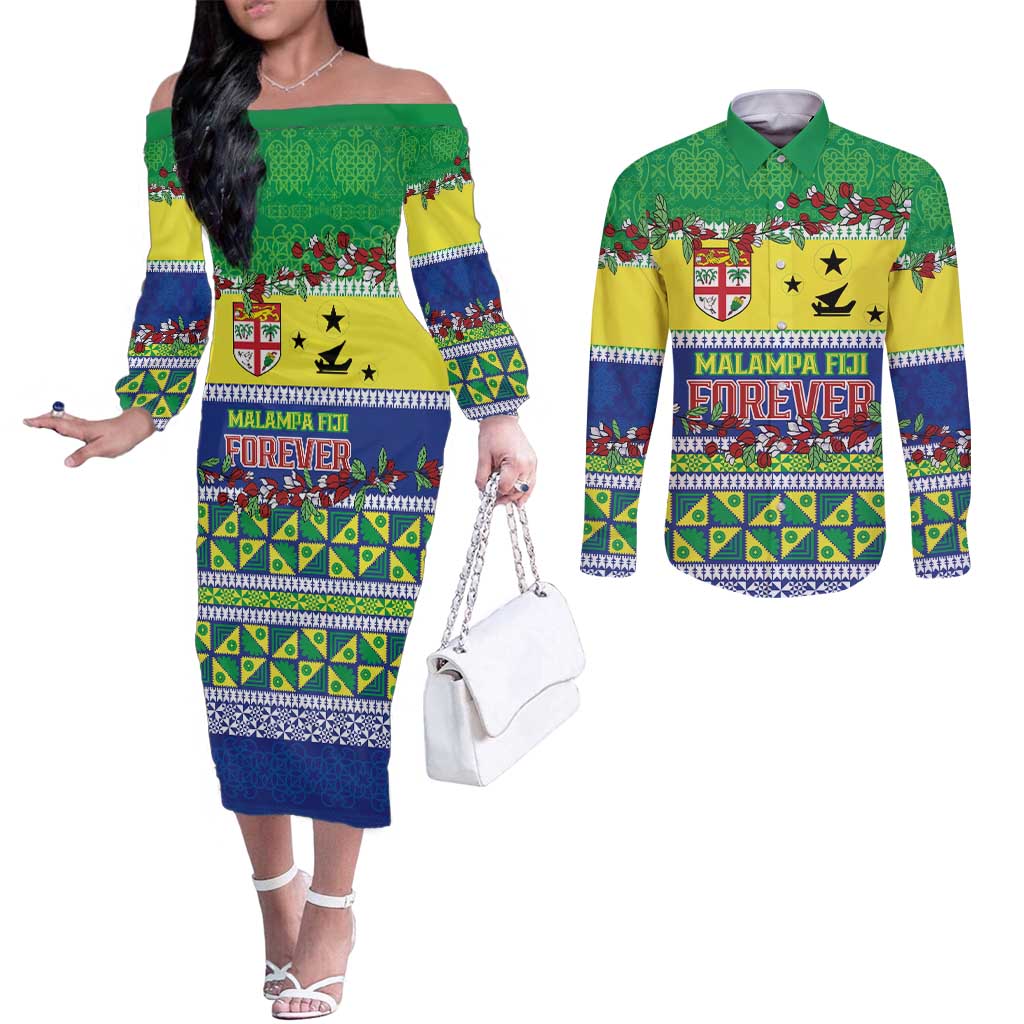 Personalised Malampa Fiji Forever Couples Matching Off The Shoulder Long Sleeve Dress and Long Sleeve Button Shirt Tagimoucia Polynesian Sand Drawing - Polynesian Pride