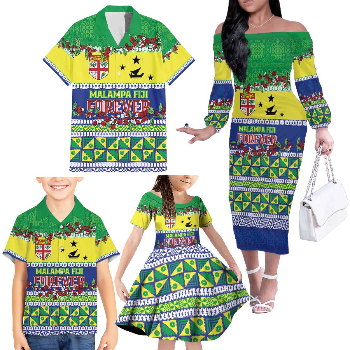 Personalised Malampa Fiji Forever Family Matching Off The Shoulder Long Sleeve Dress and Hawaiian Shirt Tagimoucia Polynesian Sand Drawing - Polynesian Pride