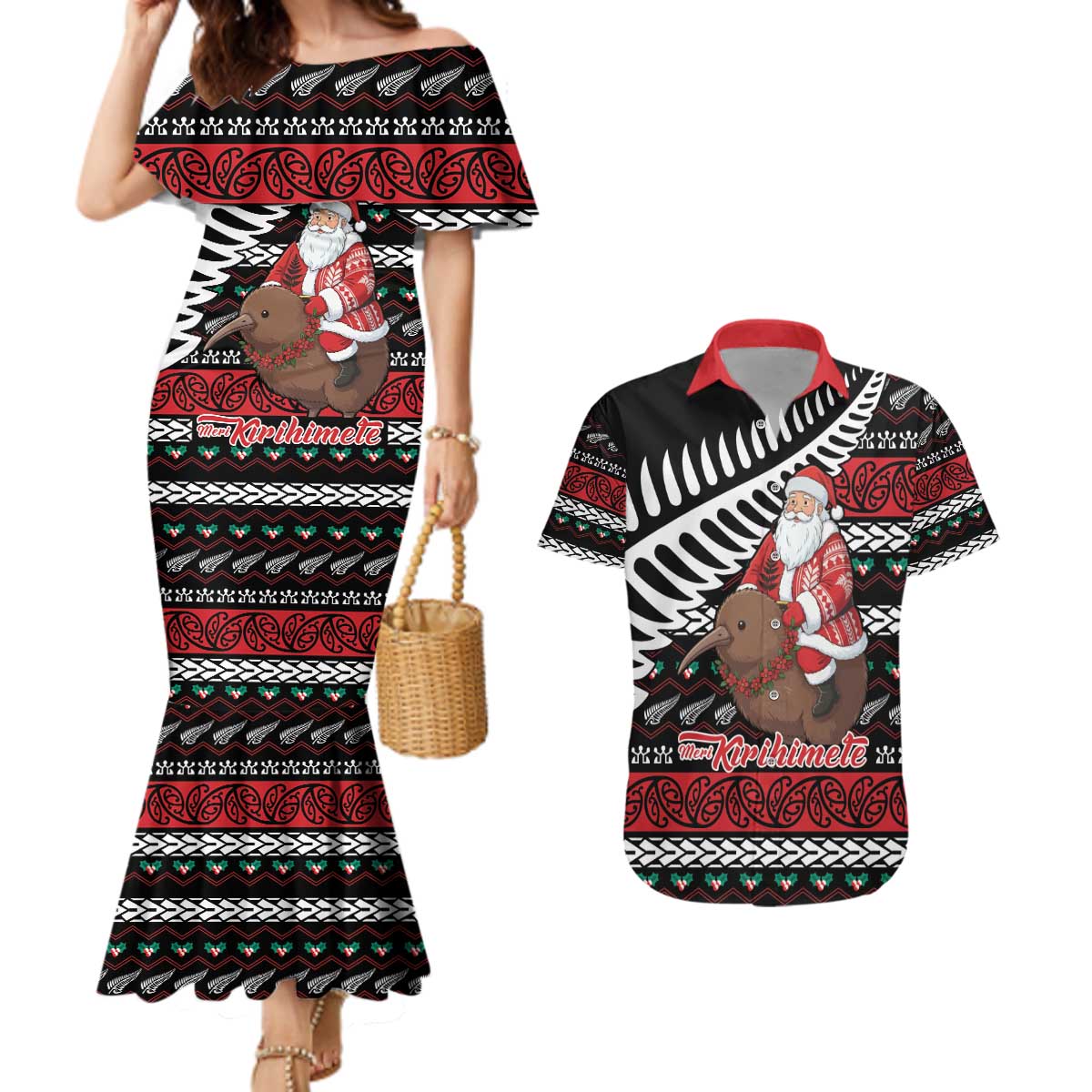 New Zealand Kiwi Santa Christmas Couples Matching Mermaid Dress and Hawaiian Shirt He Wairua Kirihimete - Polynesian Pride