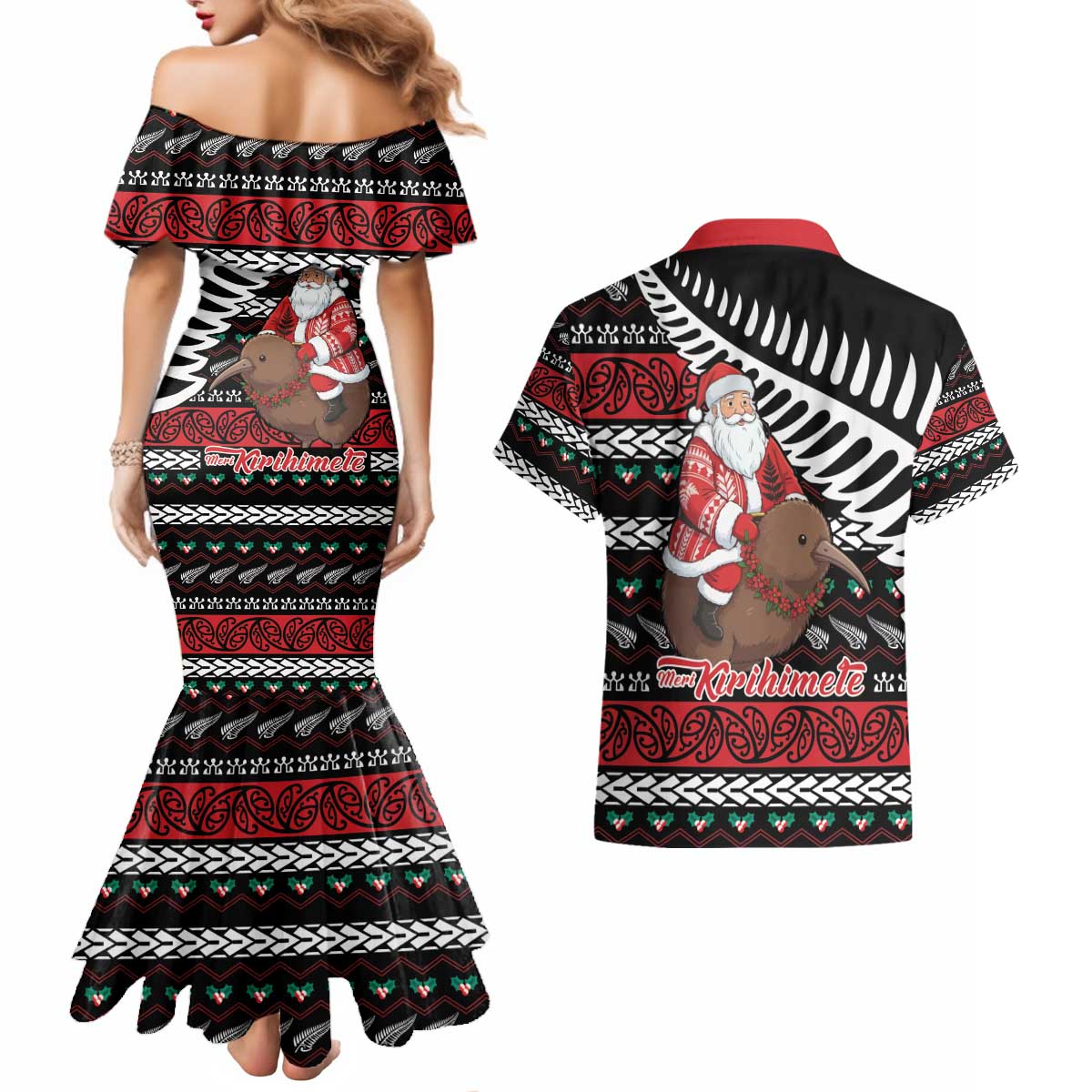 New Zealand Kiwi Santa Christmas Couples Matching Mermaid Dress and Hawaiian Shirt He Wairua Kirihimete - Polynesian Pride