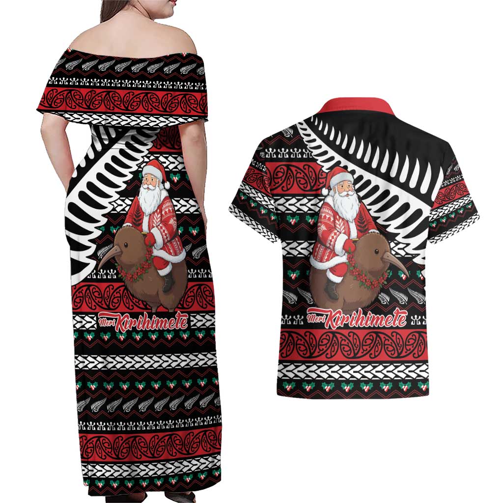 New Zealand Kiwi Santa Christmas Couples Matching Off Shoulder Maxi Dress and Hawaiian Shirt He Wairua Kirihimete - Polynesian Pride