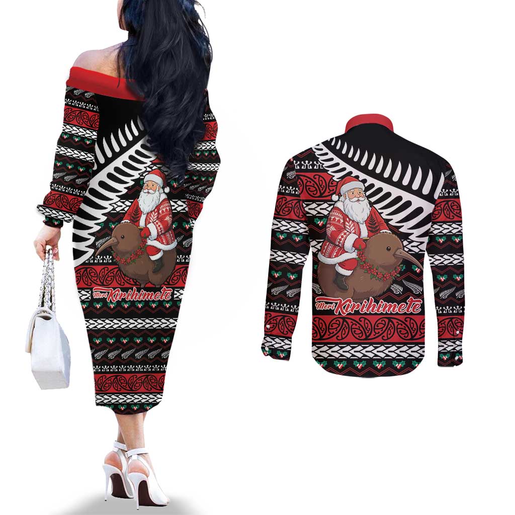 New Zealand Kiwi Santa Christmas Couples Matching Off The Shoulder Long Sleeve Dress and Long Sleeve Button Shirt He Wairua Kirihimete - Polynesian Pride