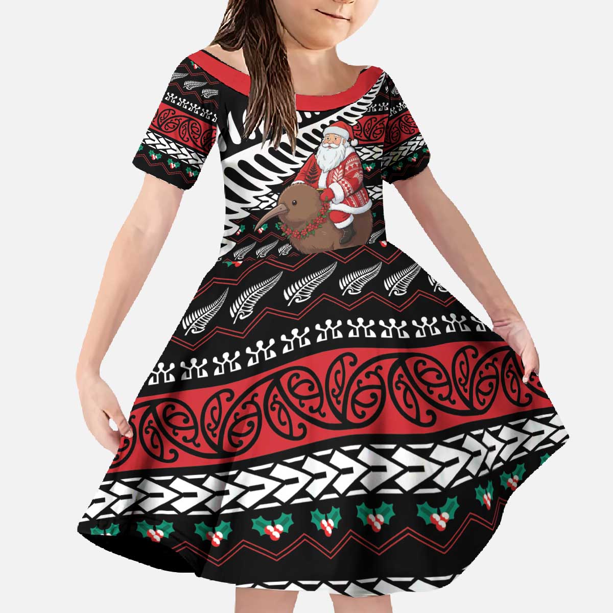 New Zealand Kiwi Santa Christmas Family Matching Off The Shoulder Long Sleeve Dress and Hawaiian Shirt He Wairua Kirihimete - Polynesian Pride