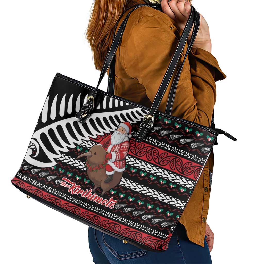 New Zealand Kiwi Santa Christmas Leather Tote Bag He Wairua Kirihimete - Polynesian Pride