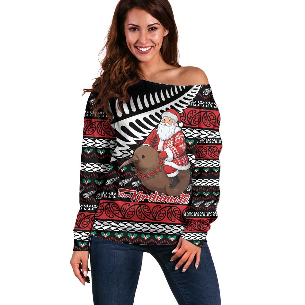 New Zealand Kiwi Santa Christmas Off Shoulder Sweater He Wairua Kirihimete - Polynesian Pride