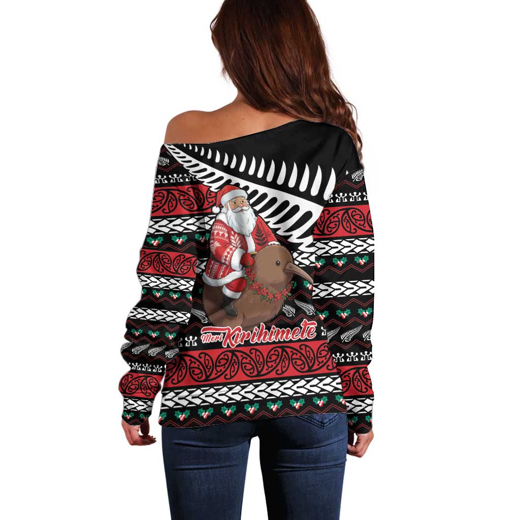 New Zealand Kiwi Santa Christmas Off Shoulder Sweater He Wairua Kirihimete - Polynesian Pride