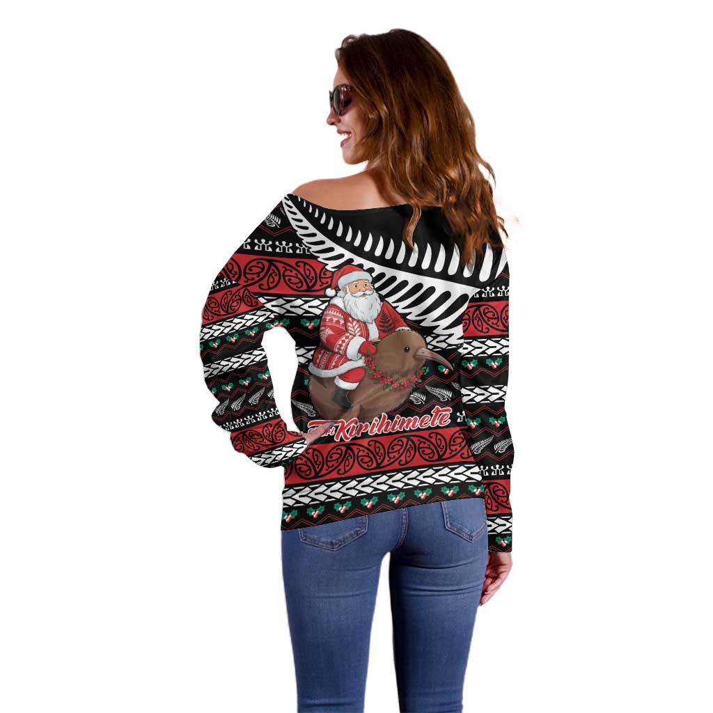 New Zealand Kiwi Santa Christmas Off Shoulder Sweater He Wairua Kirihimete - Polynesian Pride