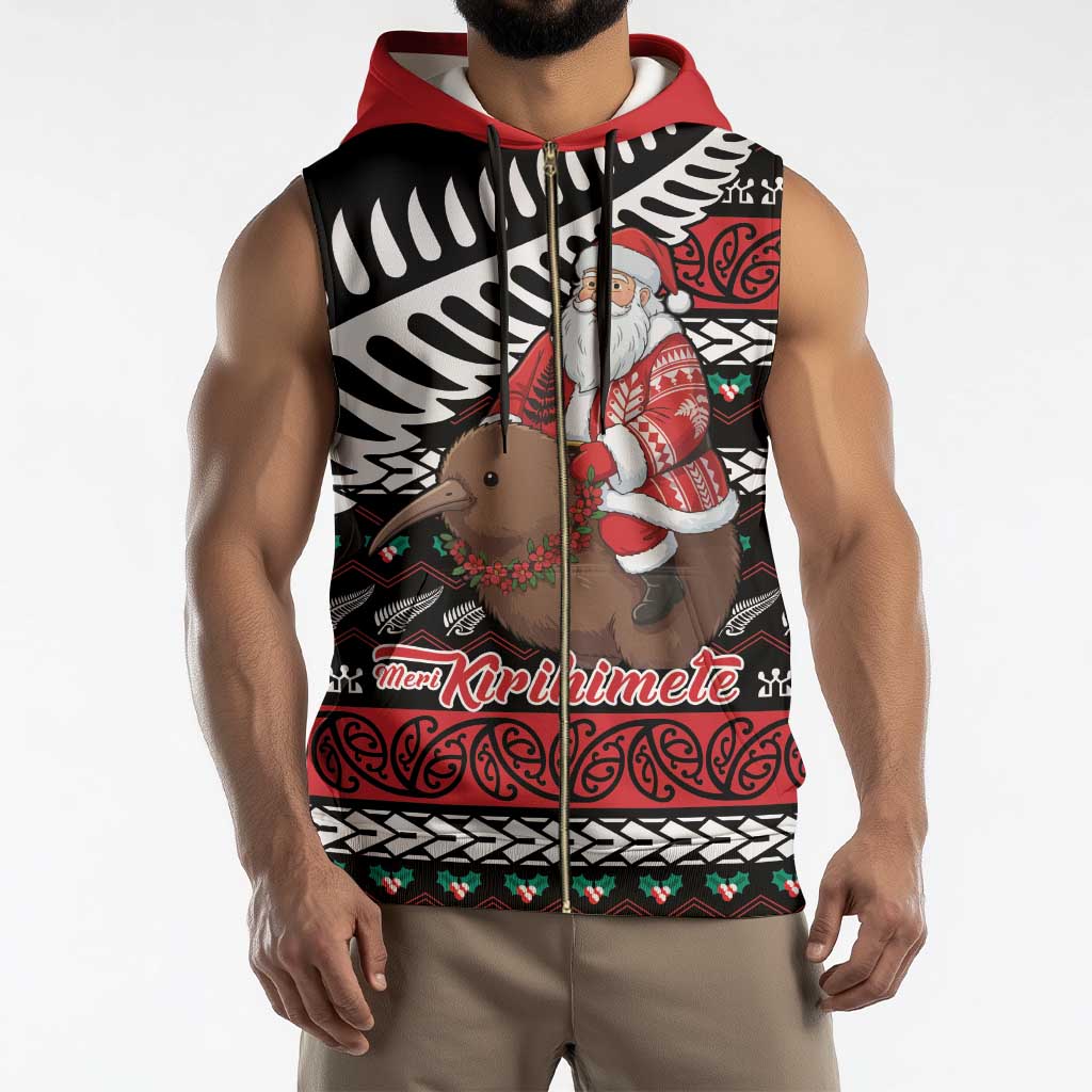 New Zealand Kiwi Santa Christmas Sleeveless Zip Hoodie He Wairua Kirihimete - Polynesian Pride