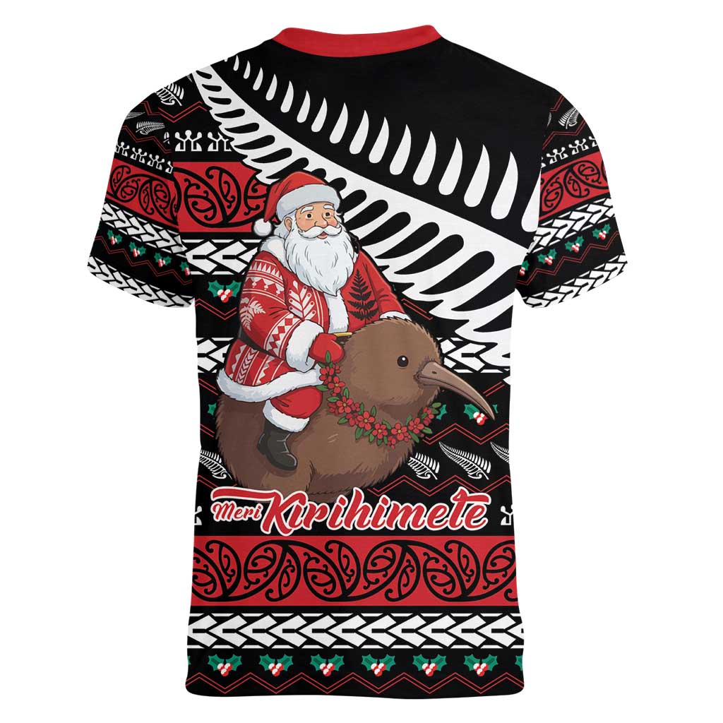 New Zealand Kiwi Santa Christmas Women V-Neck T-Shirt He Wairua Kirihimete - Polynesian Pride