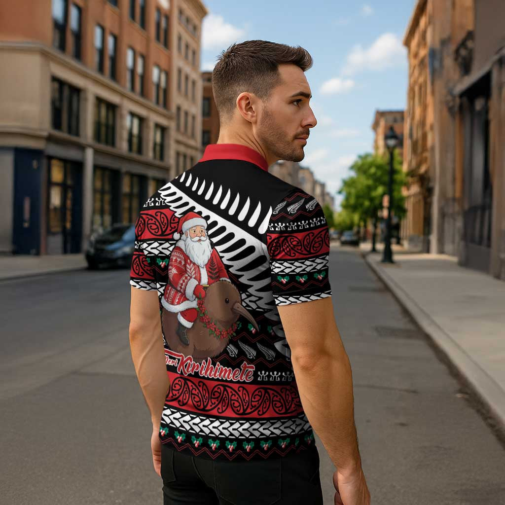 New Zealand Kiwi Santa Christmas Zipper Polo Shirt He Wairua Kirihimete - Polynesian Pride