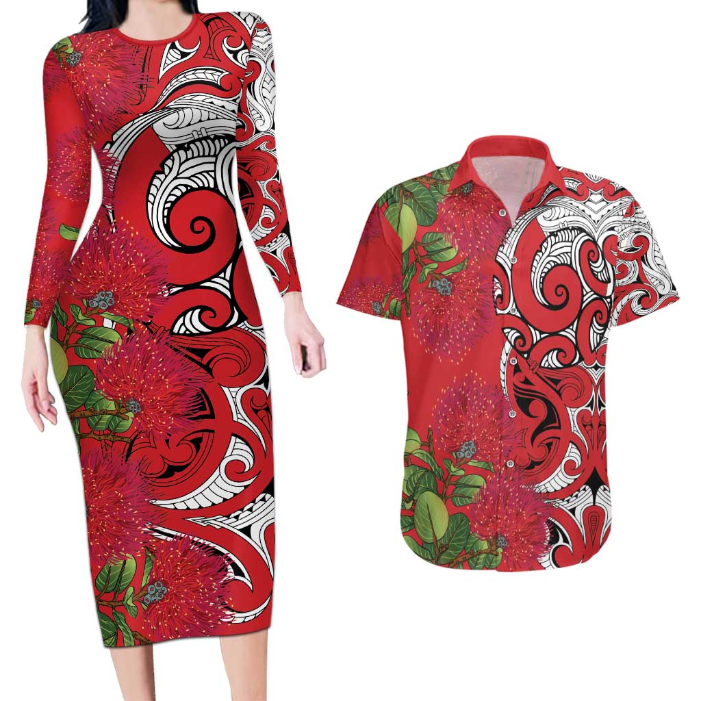 Personalised New Zealand Koru Pohutukawa Couples Matching Long Sleeve Bodycon Dress and Hawaiian Shirt Meri Kirihimete Aroha for Christmas - Polynesian Pride