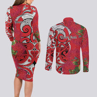 Personalised New Zealand Koru Pohutukawa Couples Matching Long Sleeve Bodycon Dress and Long Sleeve Button Shirt Meri Kirihimete Aroha for Christmas - Polynesian Pride