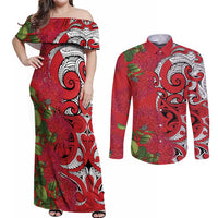 Personalised New Zealand Koru Pohutukawa Couples Matching Off Shoulder Maxi Dress and Long Sleeve Button Shirt Meri Kirihimete Aroha for Christmas - Polynesian Pride