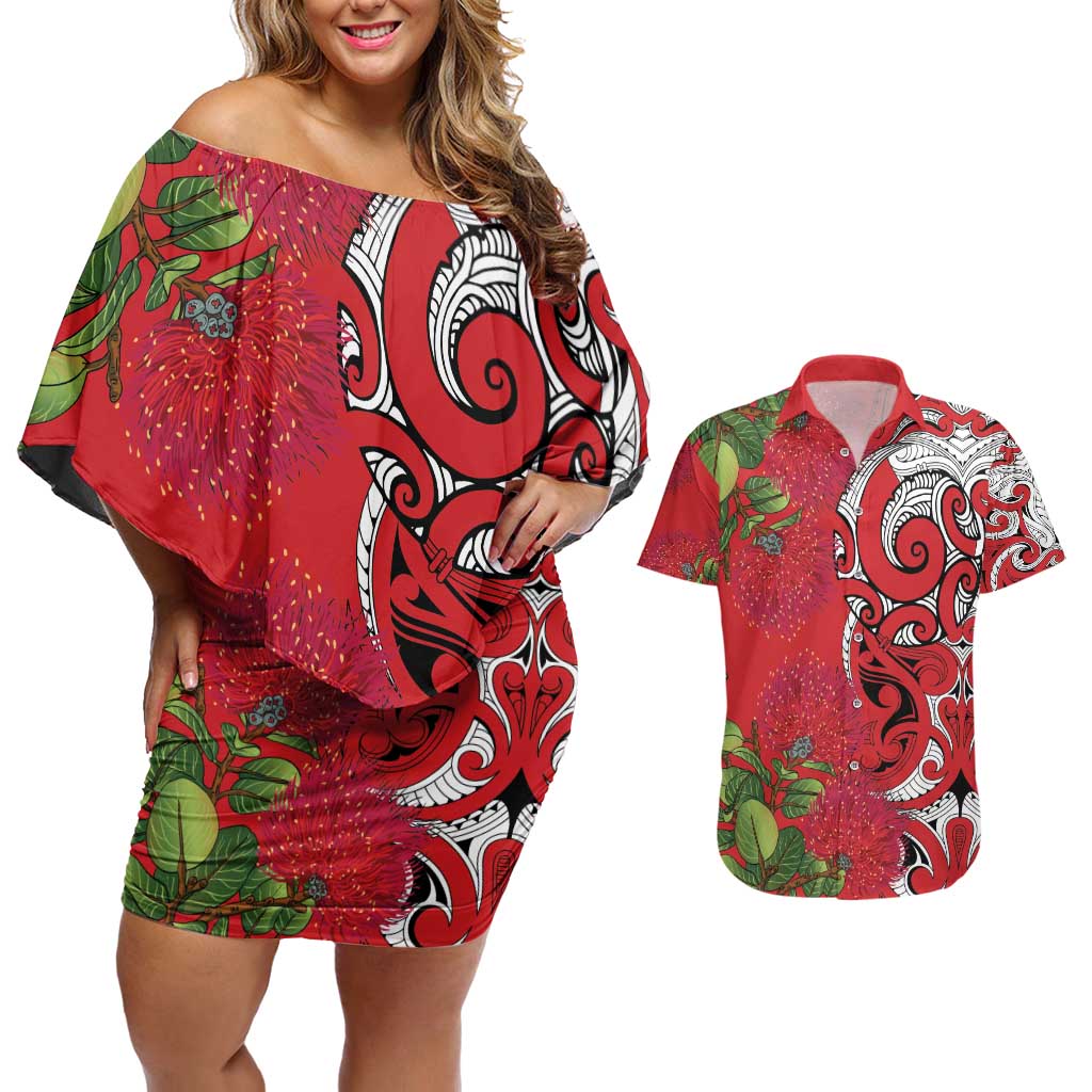 Personalised New Zealand Koru Pohutukawa Couples Matching Off Shoulder Short Dress and Hawaiian Shirt Meri Kirihimete Aroha for Christmas - Polynesian Pride