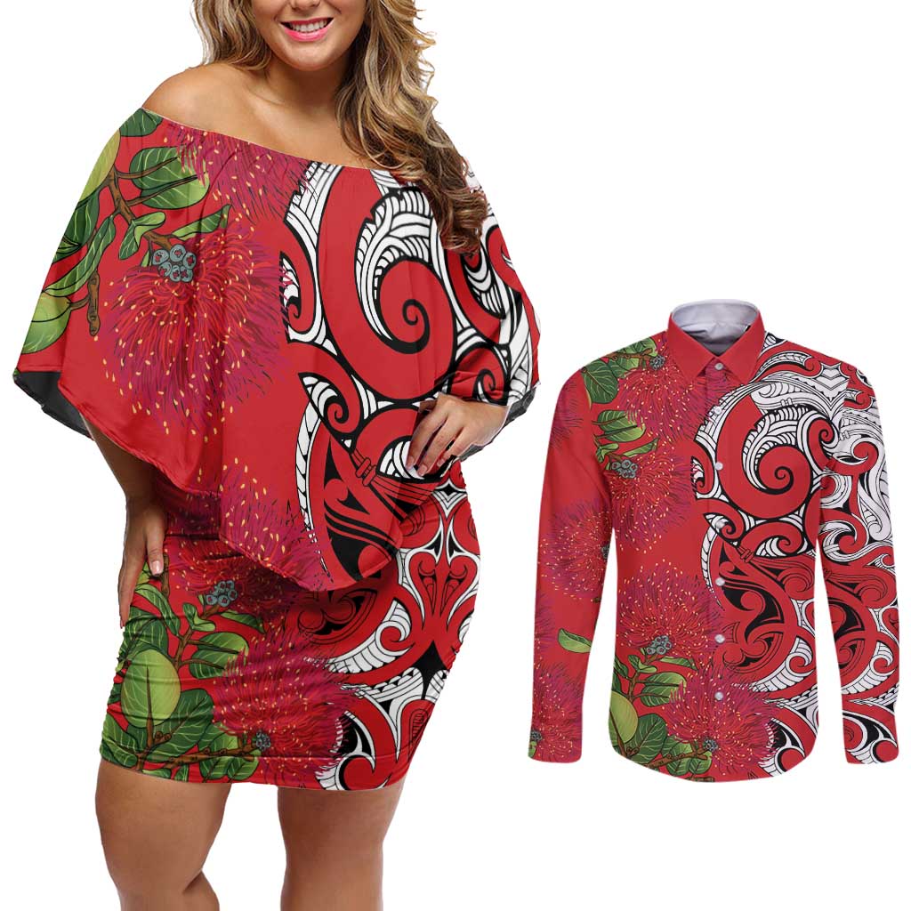 Personalised New Zealand Koru Pohutukawa Couples Matching Off Shoulder Short Dress and Long Sleeve Button Shirt Meri Kirihimete Aroha for Christmas - Polynesian Pride