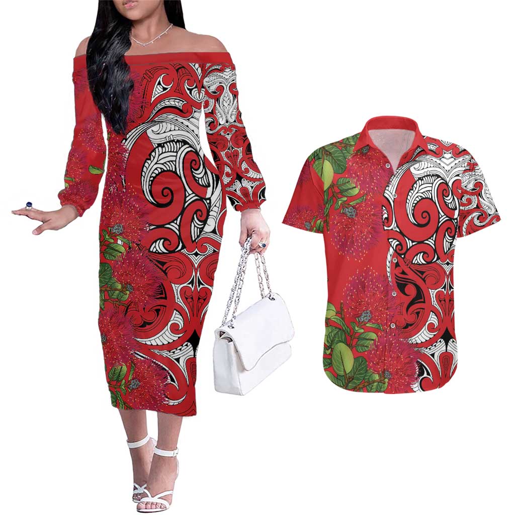 Personalised New Zealand Koru Pohutukawa Couples Matching Off The Shoulder Long Sleeve Dress and Hawaiian Shirt Meri Kirihimete Aroha for Christmas - Polynesian Pride