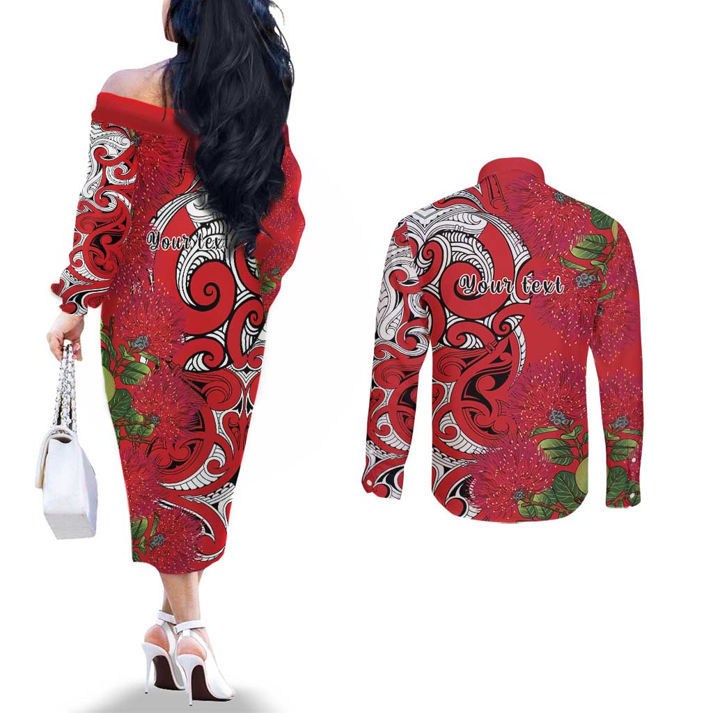Personalised New Zealand Koru Pohutukawa Couples Matching Off The Shoulder Long Sleeve Dress and Long Sleeve Button Shirt Meri Kirihimete Aroha for Christmas - Polynesian Pride