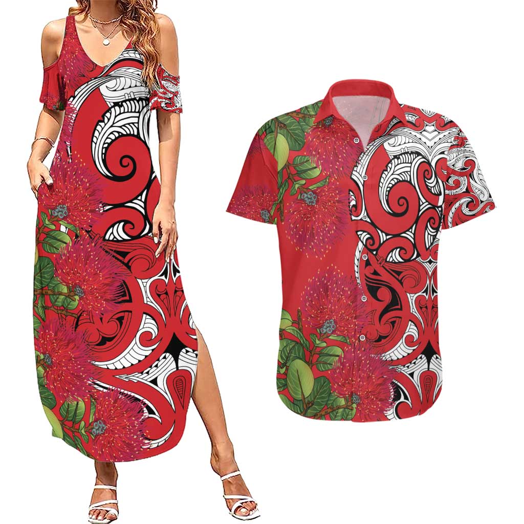 Personalised New Zealand Koru Pohutukawa Couples Matching Summer Maxi Dress and Hawaiian Shirt Meri Kirihimete Aroha for Christmas - Polynesian Pride