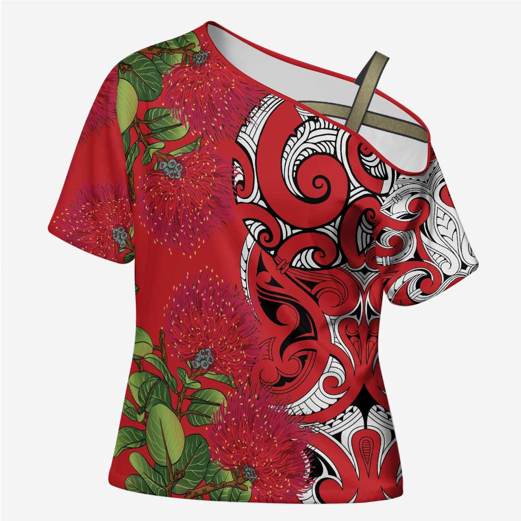 Personalised New Zealand Koru Pohutukawa Cross Shoulder Shirt Meri Kirihimete Aroha for Christmas - Polynesian Pride