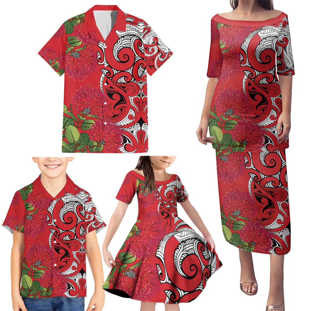 Personalised New Zealand Koru Pohutukawa Family Matching Puletasi and Hawaiian Shirt Meri Kirihimete Aroha for Christmas - Polynesian Pride