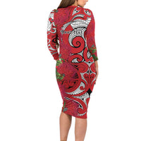 Personalised New Zealand Koru Pohutukawa Long Sleeve Bodycon Dress Meri Kirihimete Aroha for Christmas - Polynesian Pride