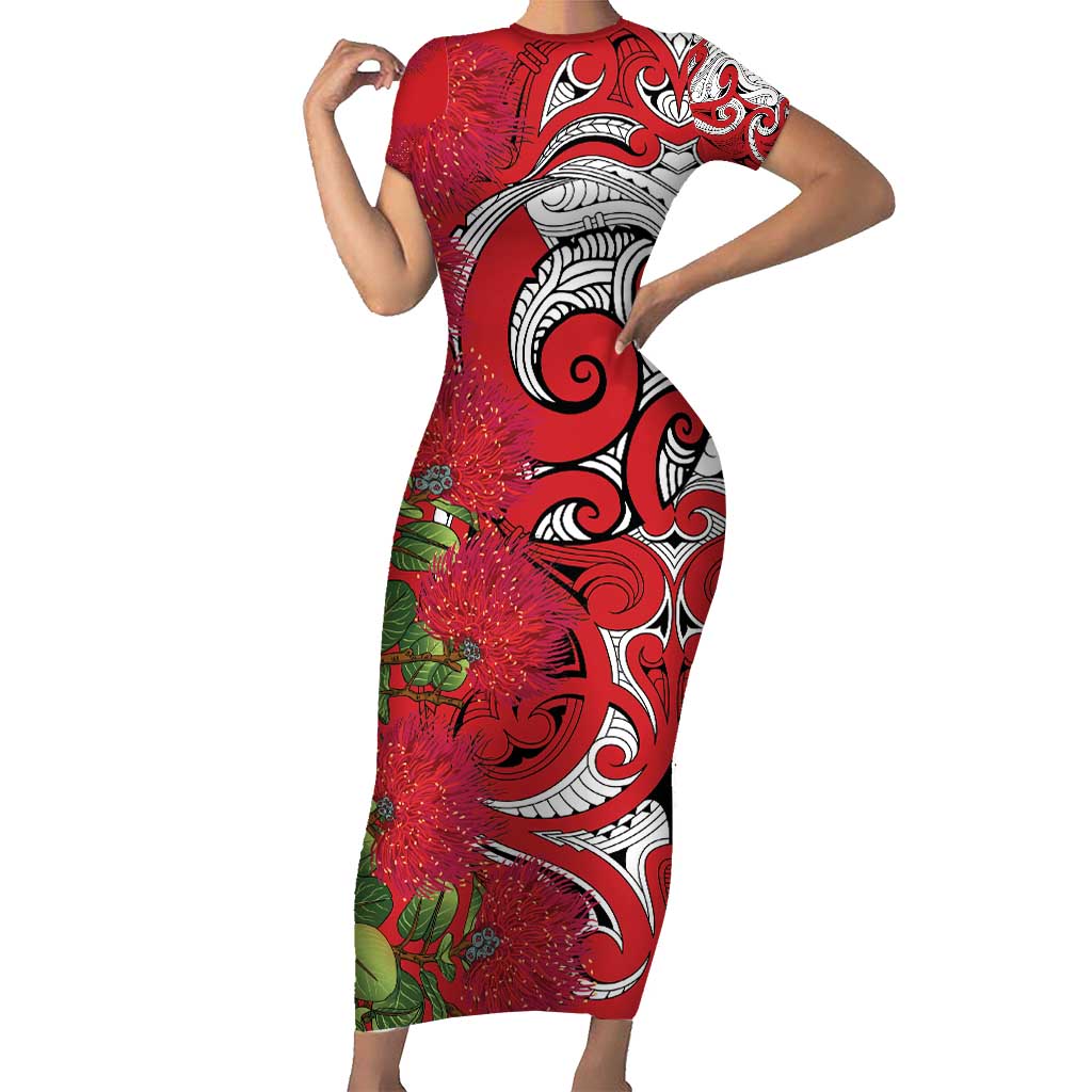 Personalised New Zealand Koru Pohutukawa Short Sleeve Bodycon Dress Meri Kirihimete Aroha for Christmas - Polynesian Pride