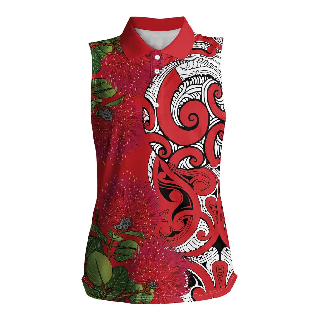Personalised New Zealand Koru Pohutukawa Women Sleeveless Polo Shirt Meri Kirihimete Aroha for Christmas - Polynesian Pride