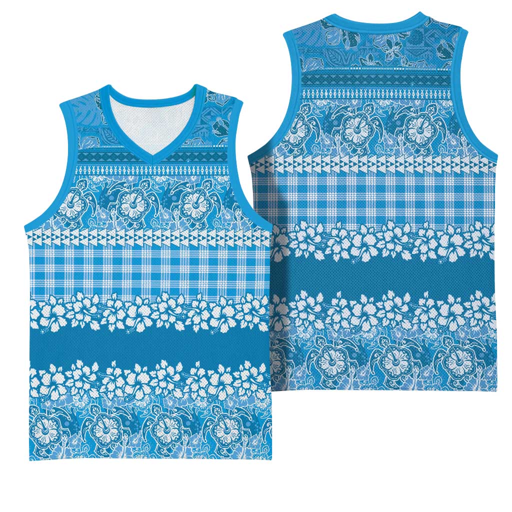 Hawaiian Hibiscus Honu Basketball Jersey Blue Mele Kalikimaka Palaka Spirit - Polynesian Pride