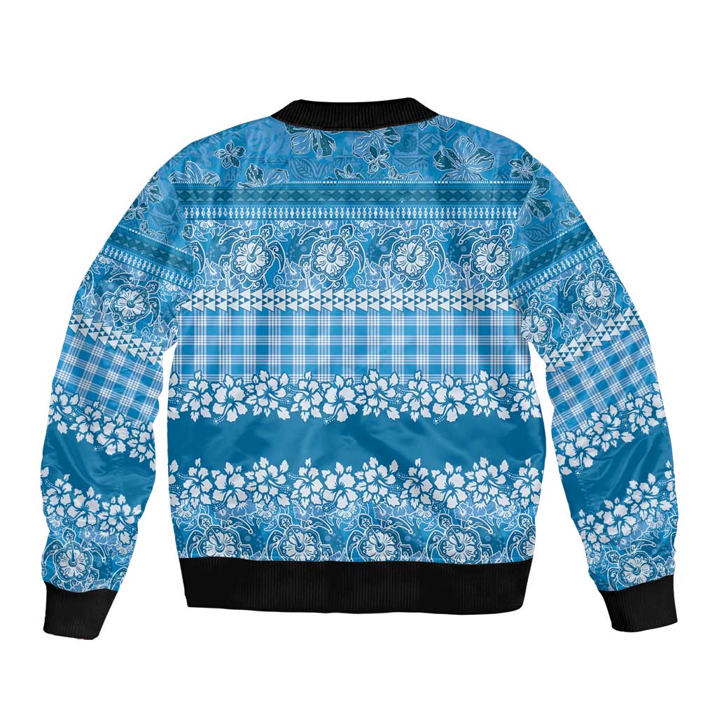 Hawaiian Hibiscus Honu Bomber Jacket Blue Mele Kalikimaka Palaka Spirit - Polynesian Pride