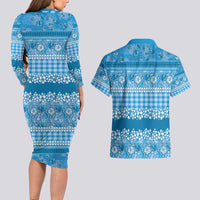 Hawaiian Hibiscus Honu Couples Matching Long Sleeve Bodycon Dress and Hawaiian Shirt Blue Mele Kalikimaka Palaka Spirit - Polynesian Pride