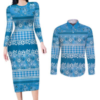 Hawaiian Hibiscus Honu Couples Matching Long Sleeve Bodycon Dress and Long Sleeve Button Shirt Blue Mele Kalikimaka Palaka Spirit - Polynesian Pride