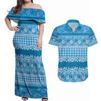 Hawaiian Hibiscus Honu Couples Matching Off Shoulder Maxi Dress and Hawaiian Shirt Blue Mele Kalikimaka Palaka Spirit - Polynesian Pride