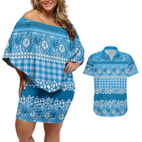 Hawaiian Hibiscus Honu Couples Matching Off Shoulder Short Dress and Hawaiian Shirt Blue Mele Kalikimaka Palaka Spirit - Polynesian Pride