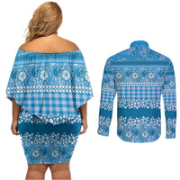 Hawaiian Hibiscus Honu Couples Matching Off Shoulder Short Dress and Long Sleeve Button Shirt Blue Mele Kalikimaka Palaka Spirit - Polynesian Pride