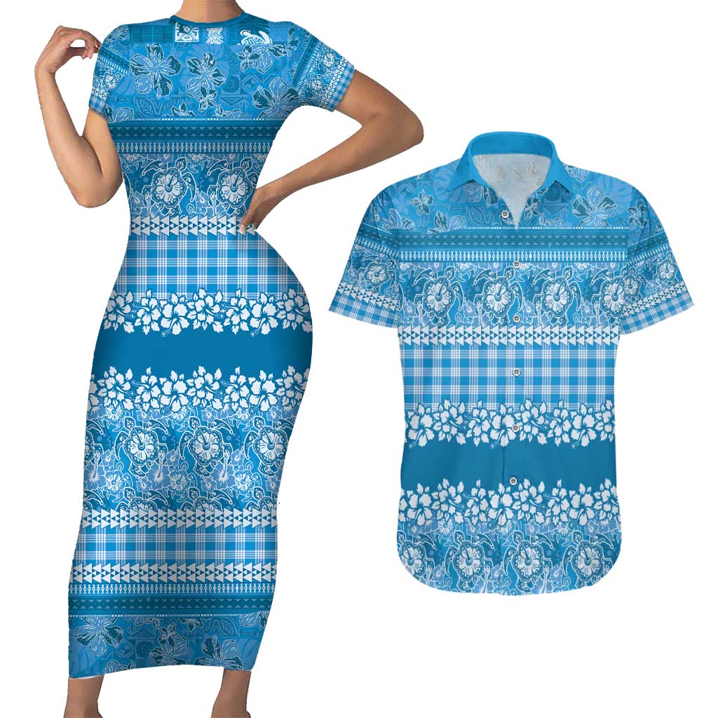 Hawaiian Hibiscus Honu Couples Matching Short Sleeve Bodycon Dress and Hawaiian Shirt Blue Mele Kalikimaka Palaka Spirit - Polynesian Pride
