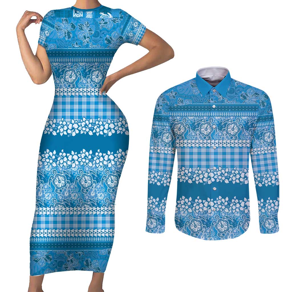 Hawaiian Hibiscus Honu Couples Matching Short Sleeve Bodycon Dress and Long Sleeve Button Shirt Blue Mele Kalikimaka Palaka Spirit - Polynesian Pride