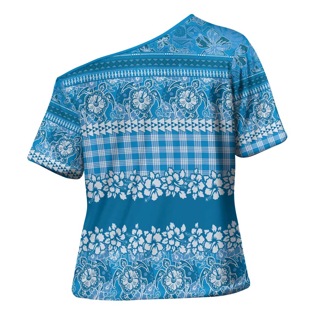Hawaiian Hibiscus Honu Cross Shoulder Shirt Blue Mele Kalikimaka Palaka Spirit - Polynesian Pride