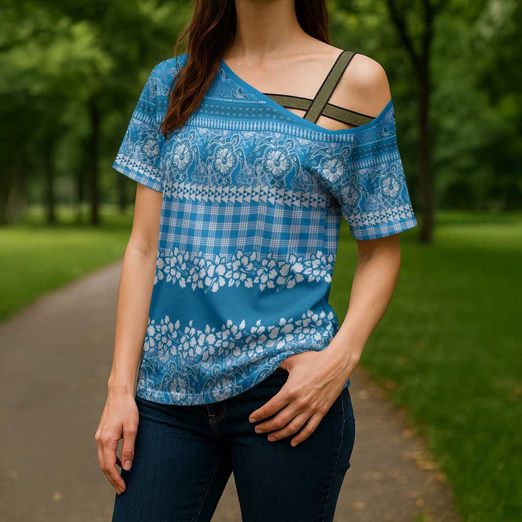 Hawaiian Hibiscus Honu Cross Shoulder Shirt Blue Mele Kalikimaka Palaka Spirit - Polynesian Pride